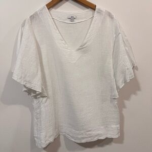 Kaktus White Linen Coastal Grandma Summer Beach Vacation V-Neck Blouse Size M